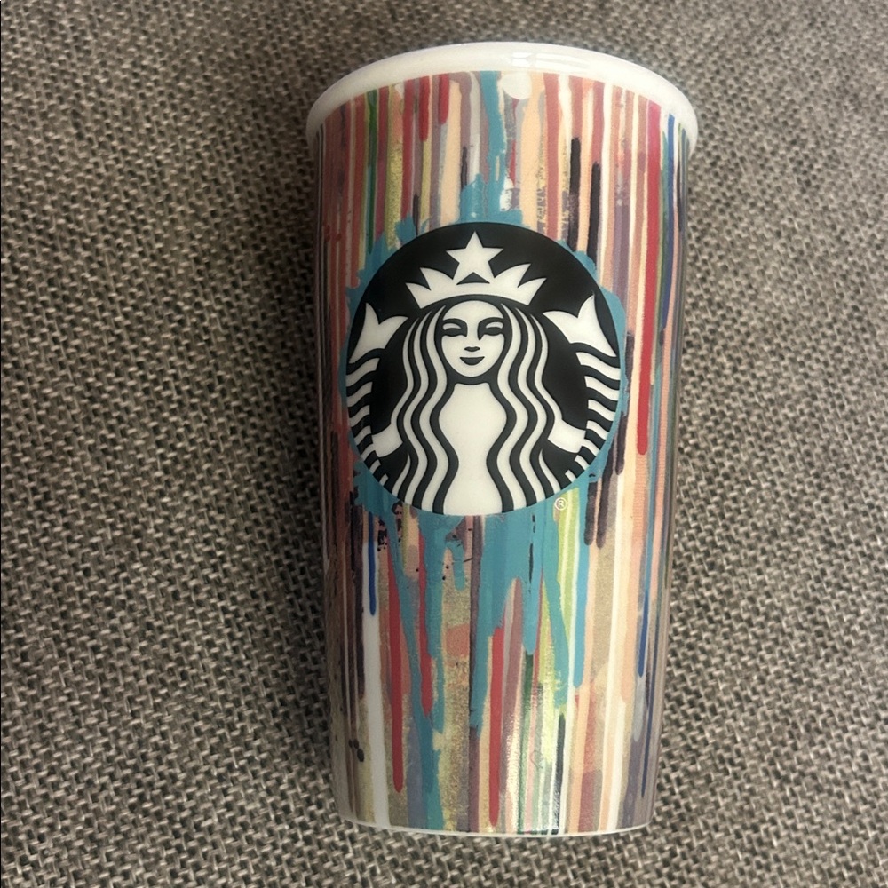 Starbucks 2015 Paint Drip Stripes Ceramic Travel Tumbler Mug 12 oz